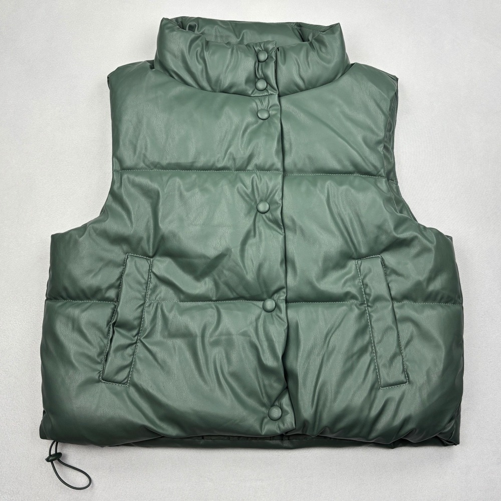 Love Tree Womens Small Sage Green Faux Leather Cropped Puffer Vest Bungee 5074VM